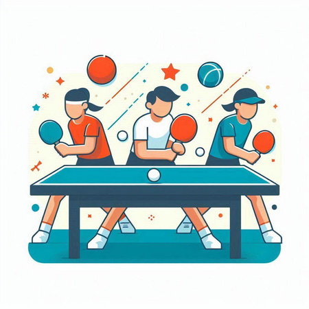 Table tennis players with rackets and balls, flat vector illustration.のイラスト素材