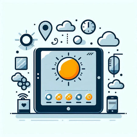 Smartphone and tablet with weather icons. Vector illustration in thin line style.のイラスト素材