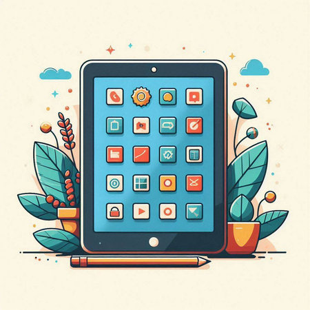 Tablet computer with application icons. Vector illustration in flat style.のイラスト素材