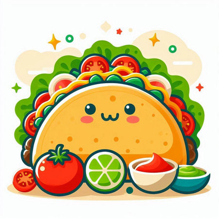 Illustration of Cute Taco with Vegetables, Tomato and Limeのイラスト素材
