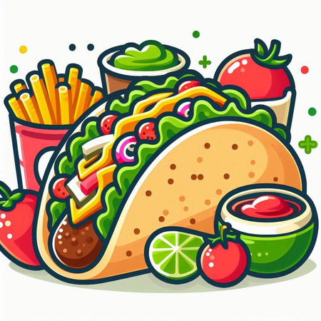 Illustration of a Taco with Fries, Sauce and Tomatoesのイラスト素材
