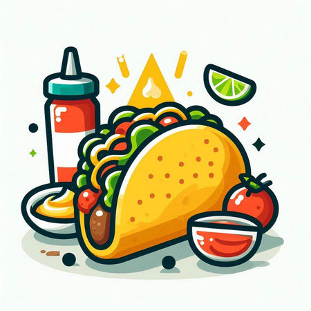 Taco with sauce and lime. Mexican food. Vector illustration in cartoon style.のイラスト素材