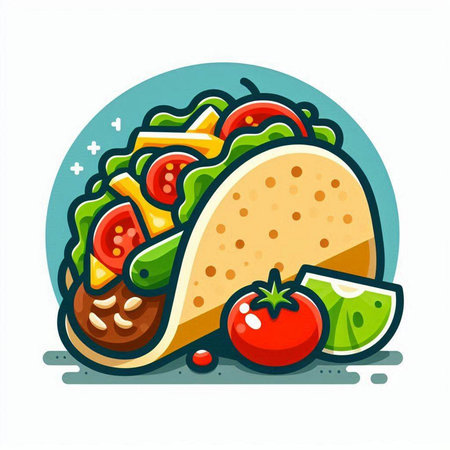 Mexican tacos vector illustration. Fast food icon. Taco with meat, vegetables and cheese.のイラスト素材