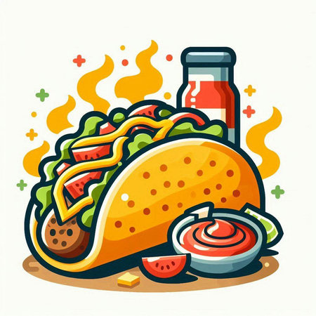 Taco with ketchup and mayonnaise. Vector illustration.のイラスト素材