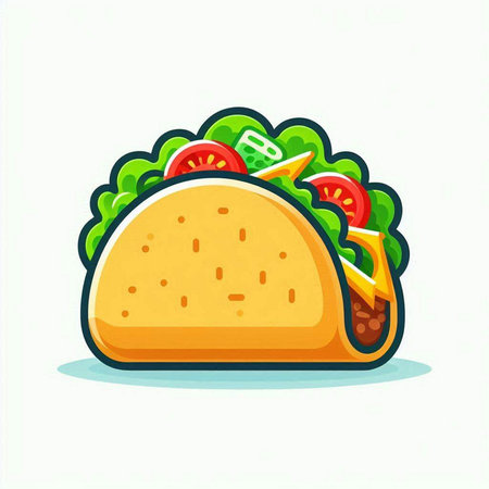 Taco with lettuce, tomato, cheese and cucumber. Vector illustration.のイラスト素材
