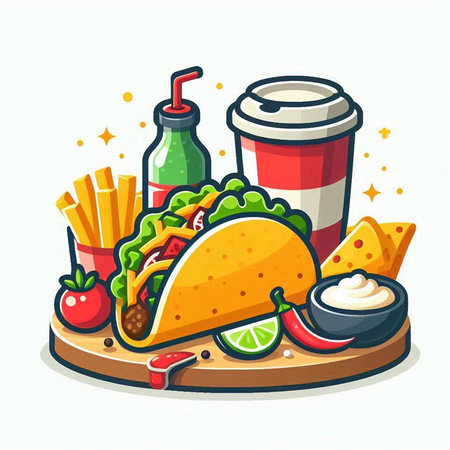 Illustration of fast food. Vector illustration of tacos, chips, ketchup and mayonnaiseのイラスト素材