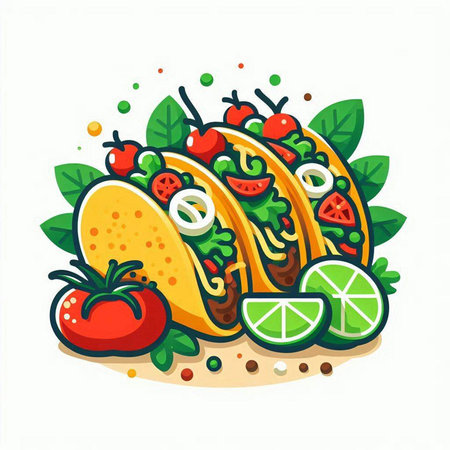 Mexican tacos with vegetables and lime on white background. Vector illustration.のイラスト素材