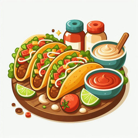 Tacos with sauces and lime on wooden board. Vector illustrationのイラスト素材