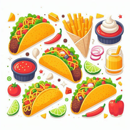 Mexican food set with tacos, burritos, fries, sauces and vegetables isolated vector illustrationのイラスト素材