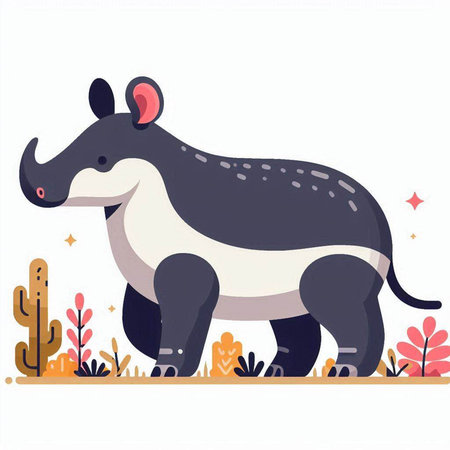 Cute cartoon black and white rhinoceros, vector illustrationのイラスト素材