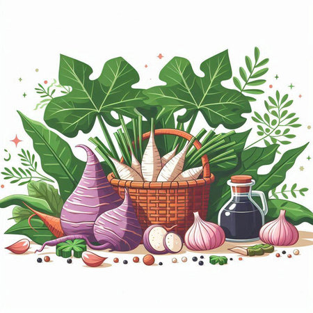 Vector illustration of a basket of fresh vegetables and herbs. Organic food.のイラスト素材