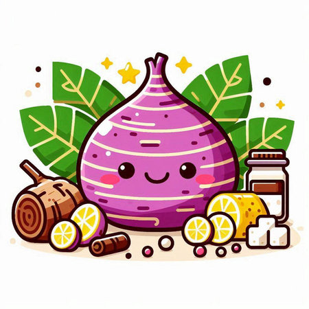 Cute kawaii taro fruit character with lemon and cinnamon.のイラスト素材