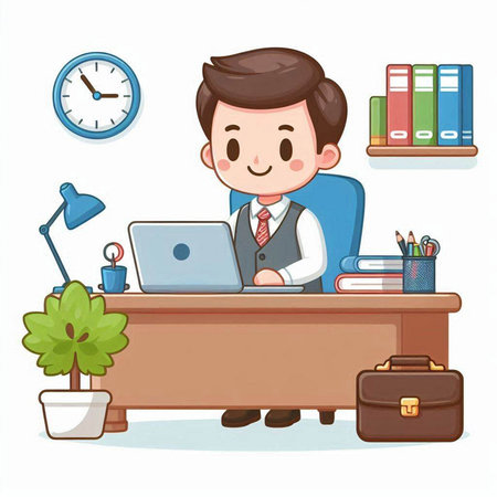 Businessman working at his desk. Vector illustration in cartoon style.のイラスト素材