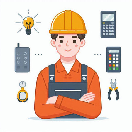Worker in overalls and helmet with crossed hands. Vector illustrationのイラスト素材