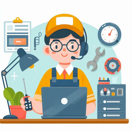 Character mechanic in overalls, helmet and glasses with a laptop in his hands. Flat style vector illustration.のイラスト素材