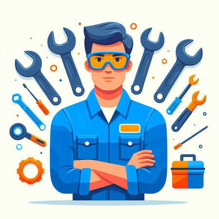Repairman with tools. Vector illustration in flat cartoon style.のイラスト素材