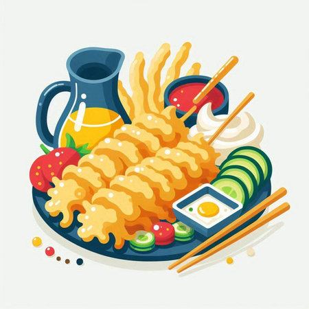 Illustration of japanese food - Tempura with chopsticks and sauceのイラスト素材