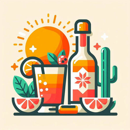 Cinco de Mayo celebration flat vector illustration. Cocktail, liqueur, cactus and sun.のイラスト素材
