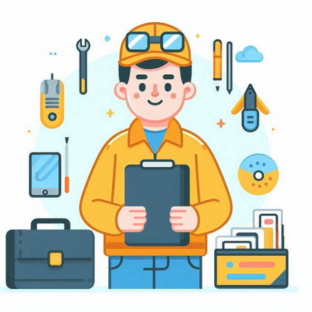 Flat design vector illustration concept of repairman holding tablet PC.のイラスト素材