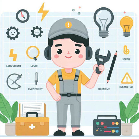 Worker with tools. Vector illustration in flat style. Isolated on white background.のイラスト素材