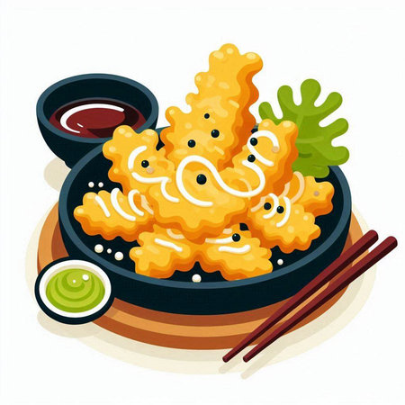 Illustration of Tempura Udon with soy sauce and chopsticksのイラスト素材