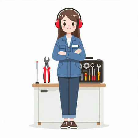Female worker with headphones and tools in her hand. Vector illustration.のイラスト素材