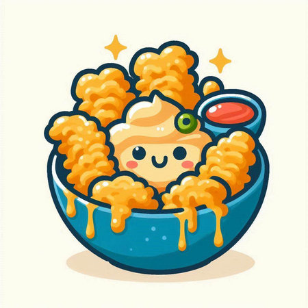 Cute fried shrimp in bowl with sauce. Vector cartoon illustration.のイラスト素材