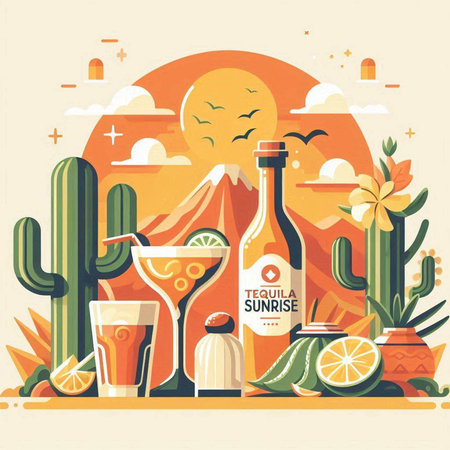 Mexican tequila vector illustration in flat style with cactiのイラスト素材