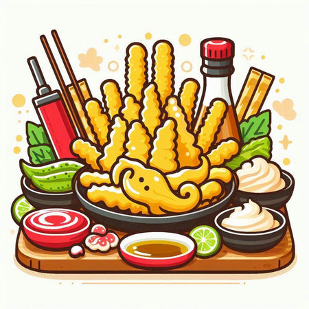 Illustration of japanese food with chopsticks and sauce.のイラスト素材