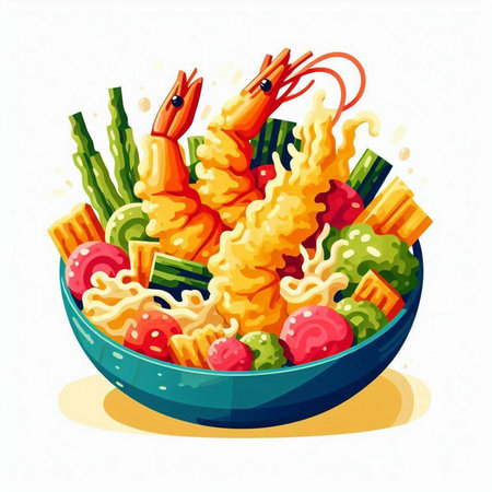 Seafood salad with shrimps, asparagus and vegetables in bowl. Vector illustrationのイラスト素材