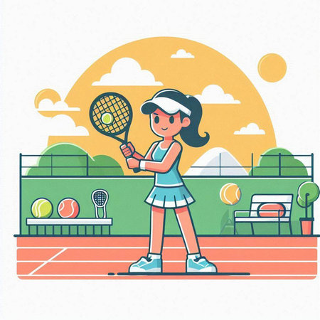 Girl playing tennis on court. Vector illustration in flat cartoon style.のイラスト素材
