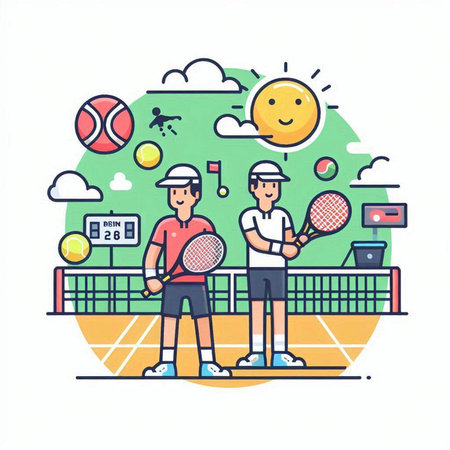 Tennis tournament flat color vector illustration. Cartoon man and woman characters on background of tennis court. Teamwork and competition conceptのイラスト素材