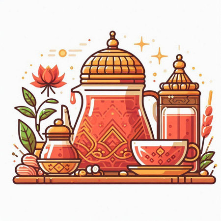 Arabic tea set. Vector illustration in flat style for your designのイラスト素材