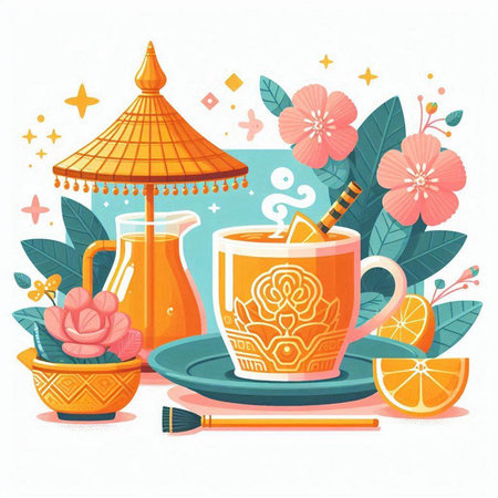 Tea time vector illustration. Cup of hot drink with orange, lemon and leaves.のイラスト素材