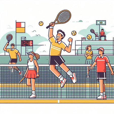 Tennis players, vector illustration in cartoon style. Kids playing tennis.のイラスト素材