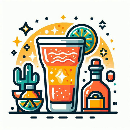 Mexican tequila sunrise cocktail with lemon, cactus and tequila bottle. Line art style vector illustration.のイラスト素材