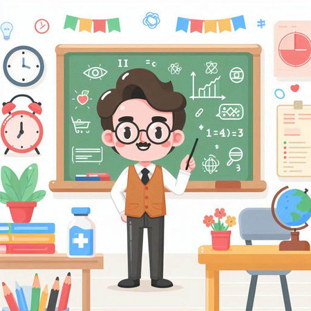 Teacher in classroom. Vector illustration in cartoon style. Education concept.のイラスト素材