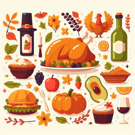 Thanksgiving day vector illustration. Traditional holiday food and drinks. Thanksgiving dinner, roasted turkey, pumpkin, pie, cupcake, wine, fruit, autumn leaves and berries.のイラスト素材