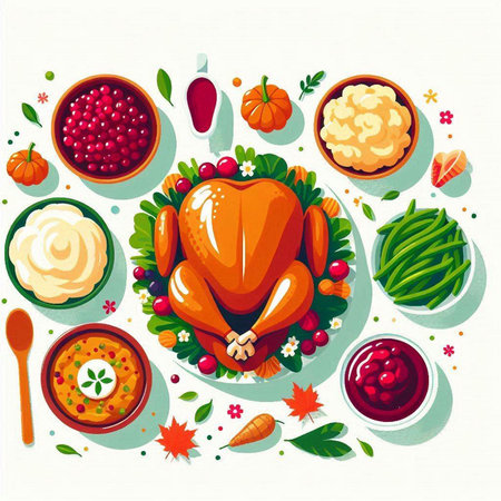 Thanksgiving dinner with turkey, mashed potatoes, cranberry, pumpkin, cranberry, maple leaf, mushroom, parsley, parsley, cranberry, cranberry, yogurt, oatmeals. Vector illustration.のイラスト素材