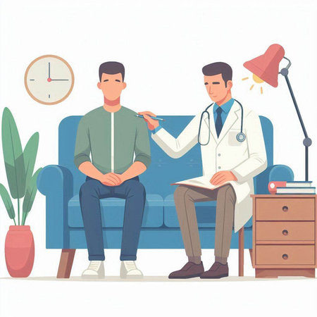 Doctor and patient sitting on couch. Vector illustration in cartoon style.のイラスト素材