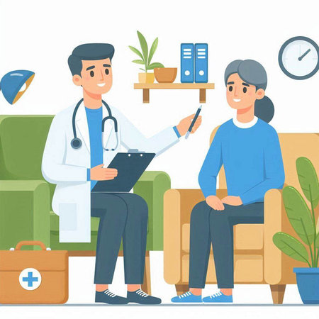 Doctor and patient in medical office. Vector illustration in flat style.のイラスト素材