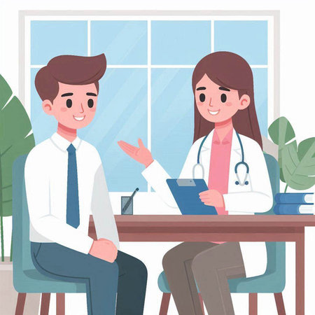 Male and female doctors are talking in the office. Vector illustration.のイラスト素材
