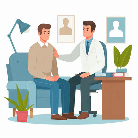 Male psychotherapist talking to a patient. Vector illustration in flat styleのイラスト素材