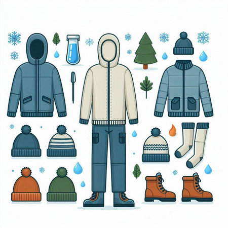 Winter clothing and accessories set. Vector illustration of winter clothes and accessories.のイラスト素材