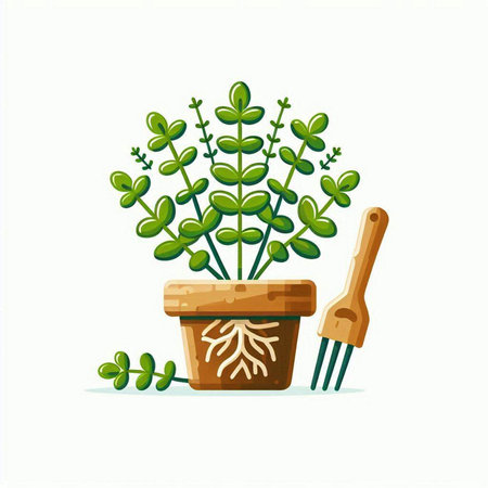 Illustration of a houseplant in a pot with a garden toolsのイラスト素材