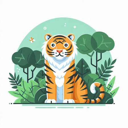 Cute tiger in the jungle. Vector illustration, flat style.のイラスト素材