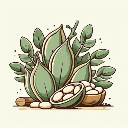 Cocoa beans with leaves and seeds. Hand drawn vector illustration.のイラスト素材