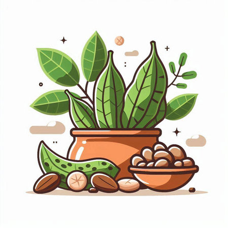 Coffee beans and leaves in a clay pot. Vector illustration.のイラスト素材
