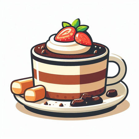 Cup of coffee with chocolate cake and strawberries. Vector illustration.のイラスト素材