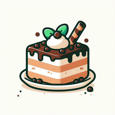 Piece of cake with cream, chocolate and mint. Vector illustration.のイラスト素材